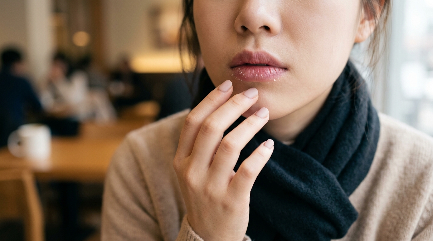건조한 환절기 입술 각질이 하얗게 일어나 손상되기 쉬운 입술 장벽을 보여주는 클로즈업